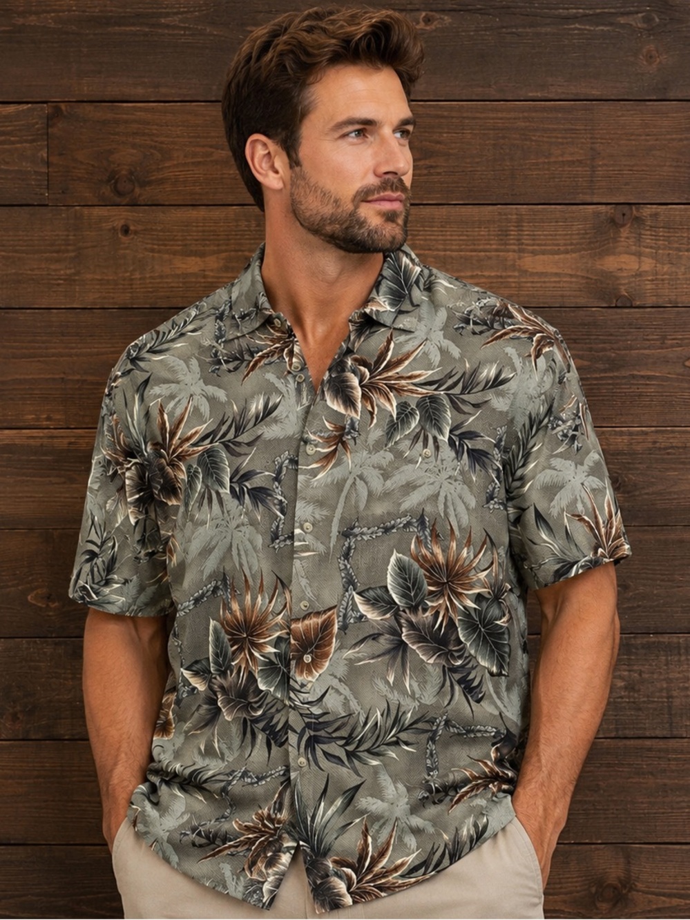 Pierre Cardin XXL Hawaiian Camp Shirt Sage Green Tropical Rayon Button Up